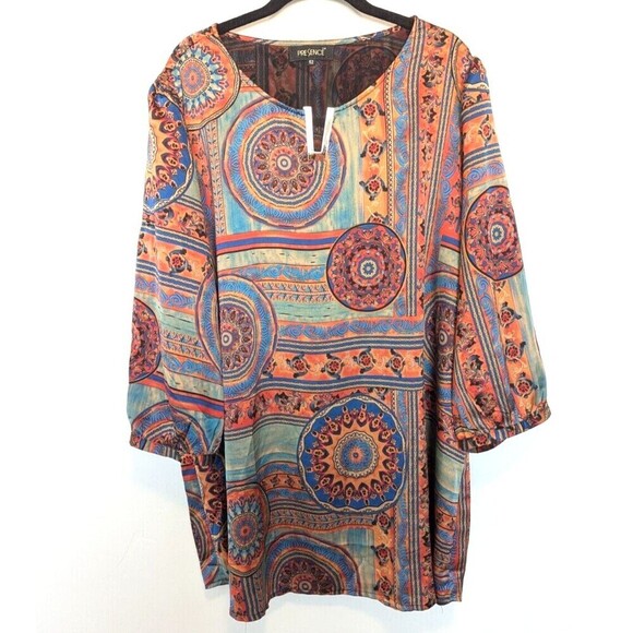 Presence Tunic Blouse Womens Plus Size 2X-3X Multicolor Geometric Satin Silky - Picture 1 of 10